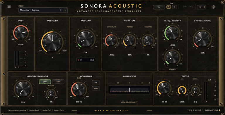 Interfaz del plugin SONORA ACOUSTIC con sus controles de procesamiento de audio
